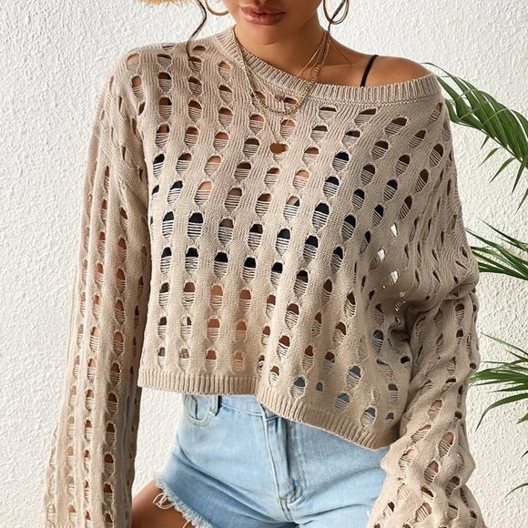 . Other - Khaki Boho Womens Hollow Out Drop Shoulder Cover Up